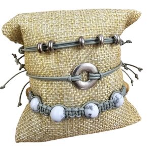 Genuine Leather, Stainless Steel & Olive Wood +Moss Agate Boho Bracelet Set of 3